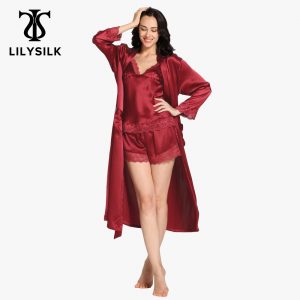 LILYSILK 100 Camisole & Robe Set 3 Piece Sleepwear Women Mulberry Silk Pure 22 MM Sexy Luxury Lingerie Lace